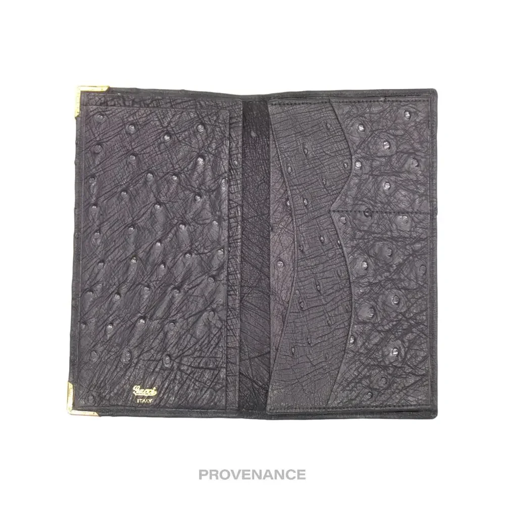 🔴 Gucci Long Wallet - Black Ostrich Leather
